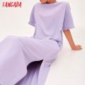 Tangada 2021 Women Elegant 95% Cotton Sweatshirt Dress Oversized Short Sleeve Side Open Ladies Midi Dress 6L60. 