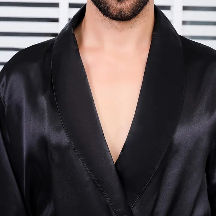 Men%20Nightgown%20Long%20Sleeve%20Robe%20Large%20Size%20Black%20Bathrobe%20Comfortable%20Sleepwear%20Imitation%20Silk%20with%20Pockets%20Waist%20Belt%20Home%20Gown%20-%20Image%204