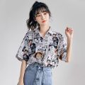 90 Short Sleeve Japanese Style Anime Print Shirt Women Couple Loose-Fitting Versatile Outerwear Women's Shirt Thin Blouse. 