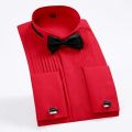 Wing Tip Collar Tuxedo Shirt Long Sleeve Men's French Cuff Button Wedding Dress Shirts Wingtip White Black Pleat with Bowtie. 