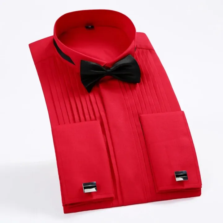 Wing%20Tip%20Collar%20Tuxedo%20Shirt%20Long%20Sleeve%20Men's%20French%20Cuff%20Button%20Wedding%20Dress%20Shirts%20Wingtip%20White%20Black%20Pleat%20with%20Bowtie%20-%20Image%206