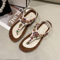 Sandals Women's 2023 New Women's Shoes Spring Bohemian Clip Foot Flat Sandals Women's Beaded Beach Shoes Women's Korean Version.