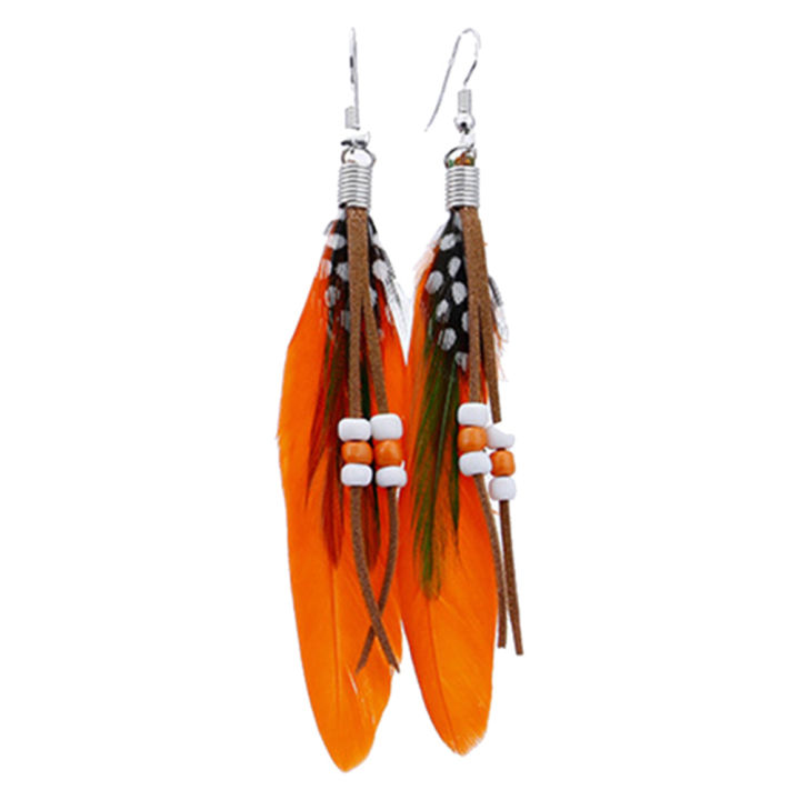 Bohemian Women Indian Feather Beads Tassel Dangle Hook Earrings Jewelry Gift