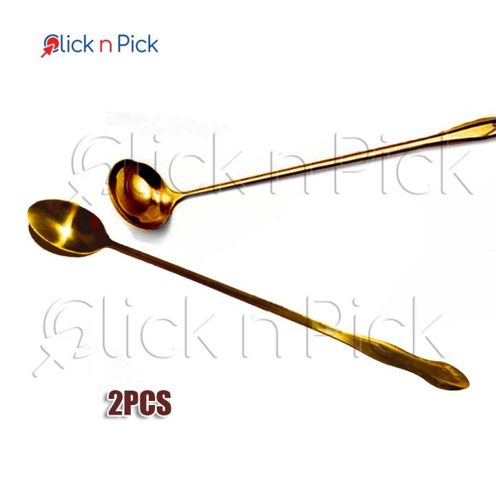Golden Steel Long handle Pickle Spoon Round and Oval shape (26cm) 2 pc set