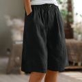 Fashion Solid Color Pants Pocket Button Up Capris Elastic Waist Loose Cotton Linen Women's Shorts.