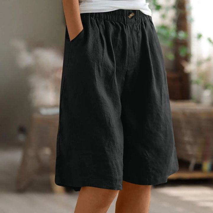 Fashion%20Solid%20Color%20Pants%20Pocket%20Button%20Up%20Capris%20Elastic%20Waist%20Loose%20Cotton%20Linen%20Women's%20Shorts%20-%20Image%205