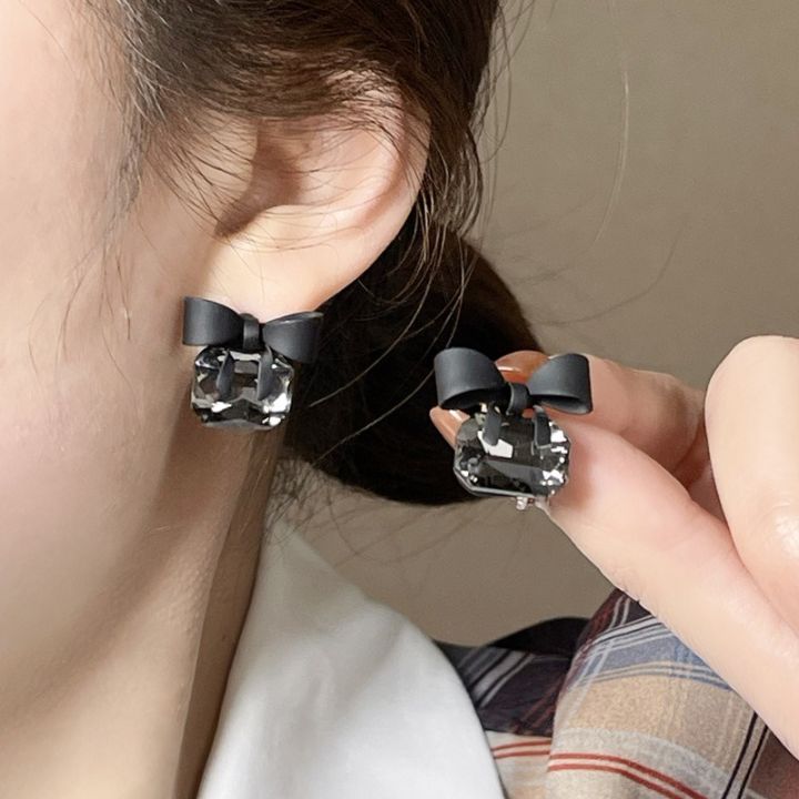 Square Crystal Stud Earrings - French Vintage - Black BowKnot Drop Earrings - Sweet - Temperament - Weddings, Festivals Jewelry Accessories