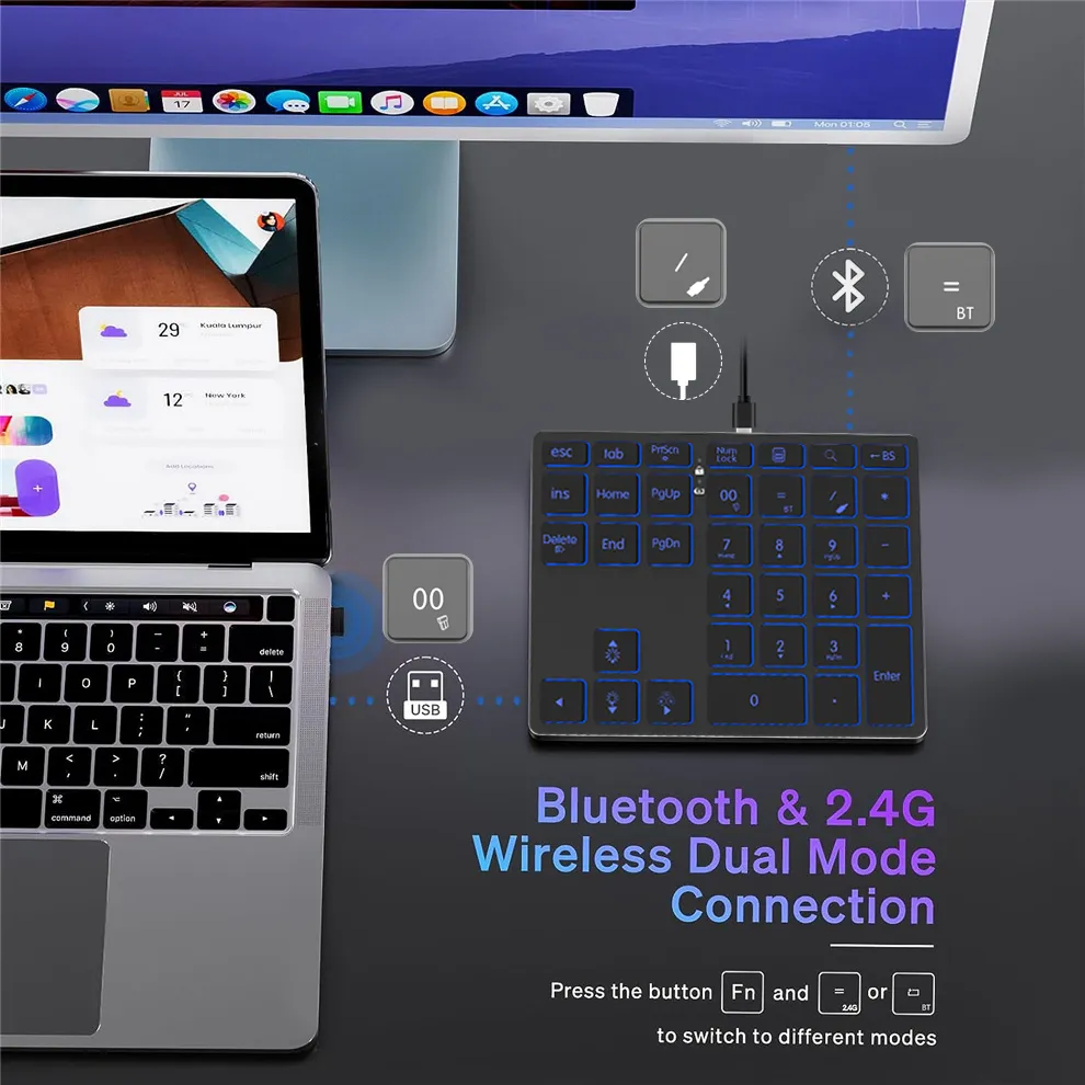 BOW 2.4G + Bluetooth Numeric Keypad Wireless Rechargeable Numpad ...