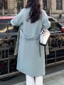 Korean Fashion Women Casual Loose Woolen Coat Elegant and Chic Solid Outerwear Long Overcoat with Belted Female Warm Cloak. 