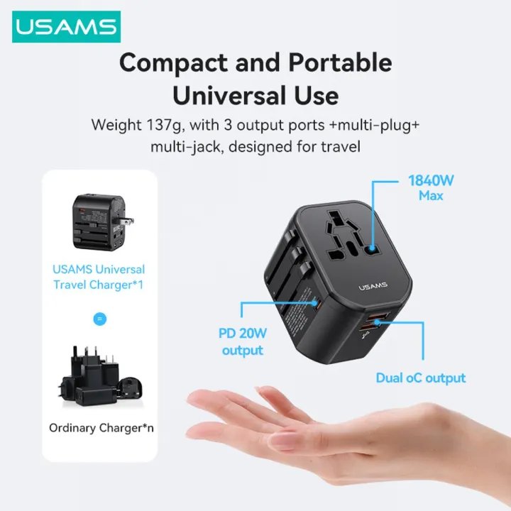 USAMS%20T59%20Universal%20Travel%20Adapter%20Travel%20Charger%20Socket%20Converter%2020W%20Dual%20USB%20Type-C%20Wall%20Charger%20-%20Image%202