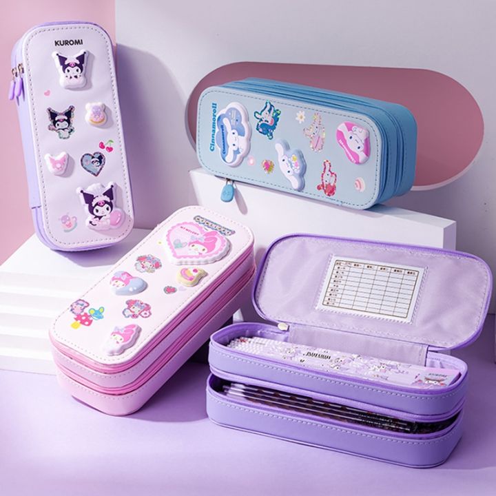 Sanrio Diy Large Capacity Pencil Case Cinnamoroll Melody Kuromi 3d Stickers Pencils Bag Stationery Box Pen Case School Supplies