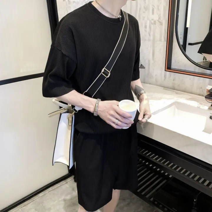 Korean%20Fashion%20Summer%20Clothes%202%20Piece%20Set%20Mens%20Outfits%20Solid%20Color%20Slim%20Fit%20Streetwear%20Tracksuit%20Casual%20Clothes%20For%20Men%20Shorts%20-%20Image%205