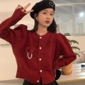 Sweet Elegance round Neck Sweater Cardigan Bow Pearl Pin Design French Style Sweater Coat.