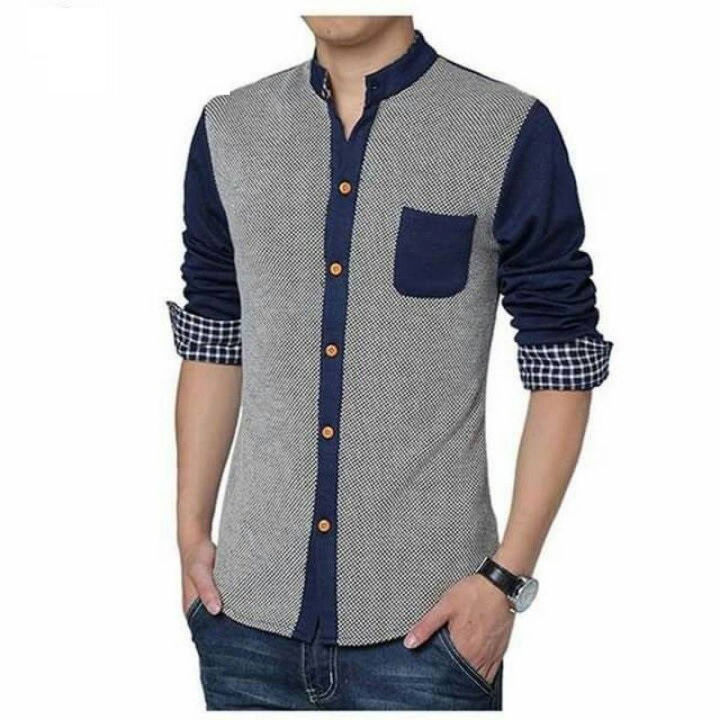 Blue Cotton Long Sleeve Shirt for Men