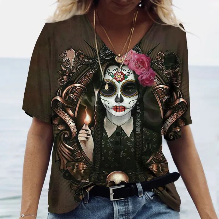 Women%20T%20shirt%20skull%20face%20vintage%20tops%20V%20neck%20casual%20cotton%20short%20sleeve%20pullovers%20summer%20female%20Harajuku%20punk%20streetwear%20tops%20-%20Image%206