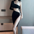 【Upgrade Your Style】 Hollow disco, slimming, European and American style slit dress, climax, irregular skirt, exposed legs, bar, exposed waist, nightclub. 