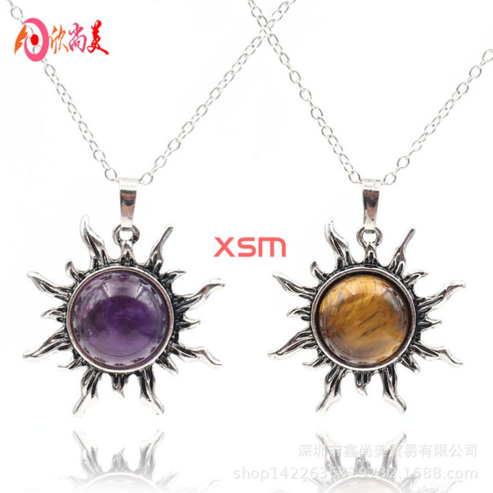 [ New ] Vintage Crystal Sun Pendant Necklace Neck Accessories Natural Amethyst Tigereye Pack Beads Semi-Precious Stone Men's and Women's Pendants