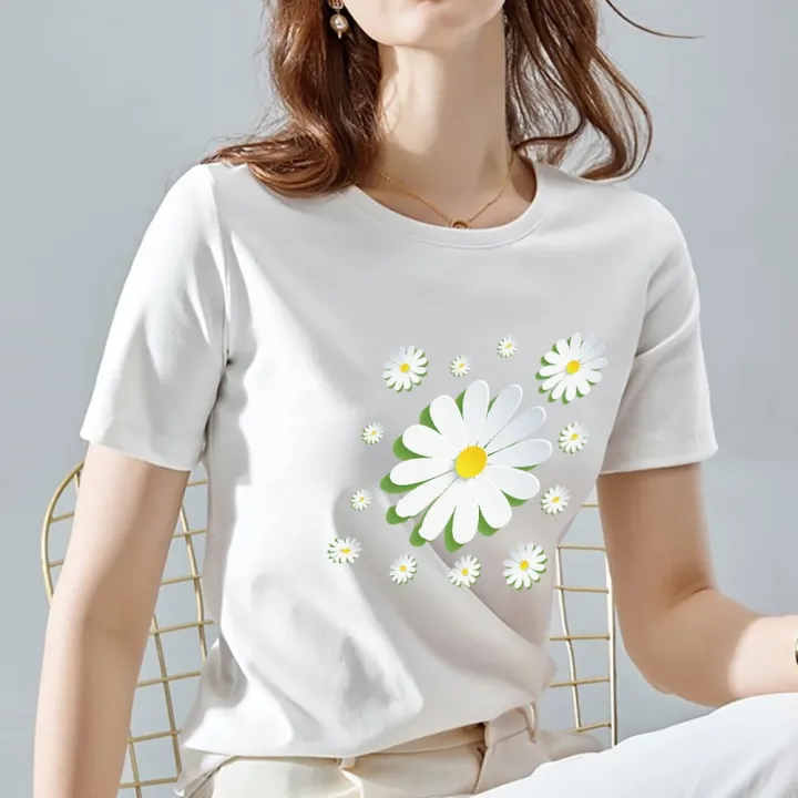 Street%20Fashion%20Women's%20T-shirt%20White%20Classic%20Daisy%203D%20Pattern%20Printing%20T-shirt%20Top%20O-neck%20Ladies%20Youth%20Commuter%20All-match%20Top%20-%20Image%203