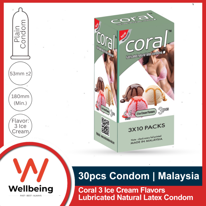 Coral 3 Ice Cream Flavors Lubricated Natural Latex Condom for Men | Full Box 10 Pack 3x10=30pcs | Malaysia