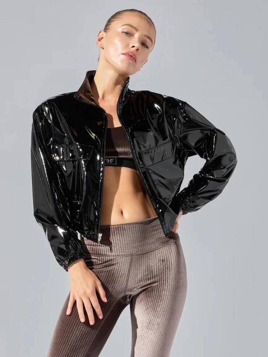 Glossy Patent Leather Jacket Coat Women Faux Leather Lapel Crop Bomber Jacket Pocket Punk PVC Overcoat Party Clubwear Custom New