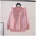 Design Sense Pleated Lace-up Long-Sleeved Pink Cotton Shirt Women's Loose Shirt2023Spring and Summer Artistic Temperament Top Fashion. 
