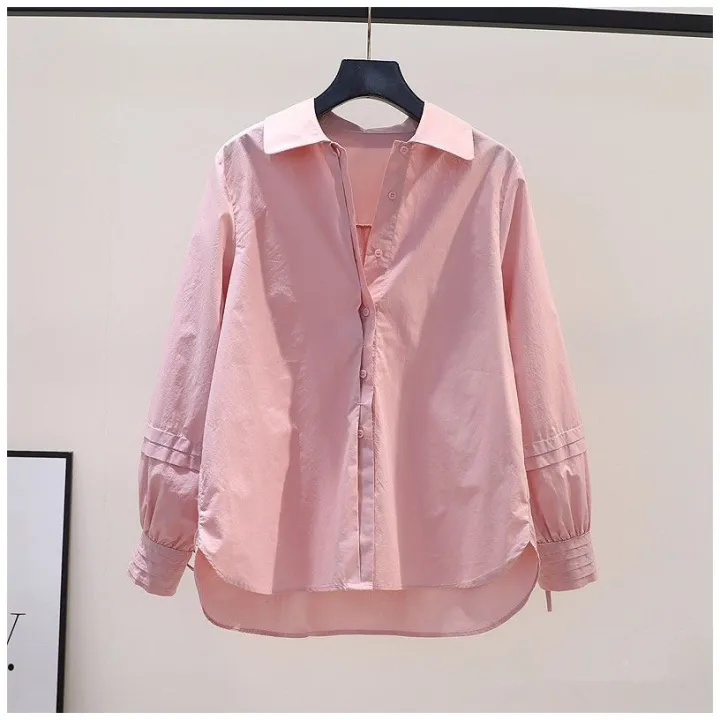 Design%20Sense%20Pleated%20Lace-up%20Long-Sleeved%20Pink%20Cotton%20Shirt%20Women's%20Loose%20Shirt2023Spring%20and%20Summer%20Artistic%20Temperament%20Top%20Fashion%20-%20Image%202