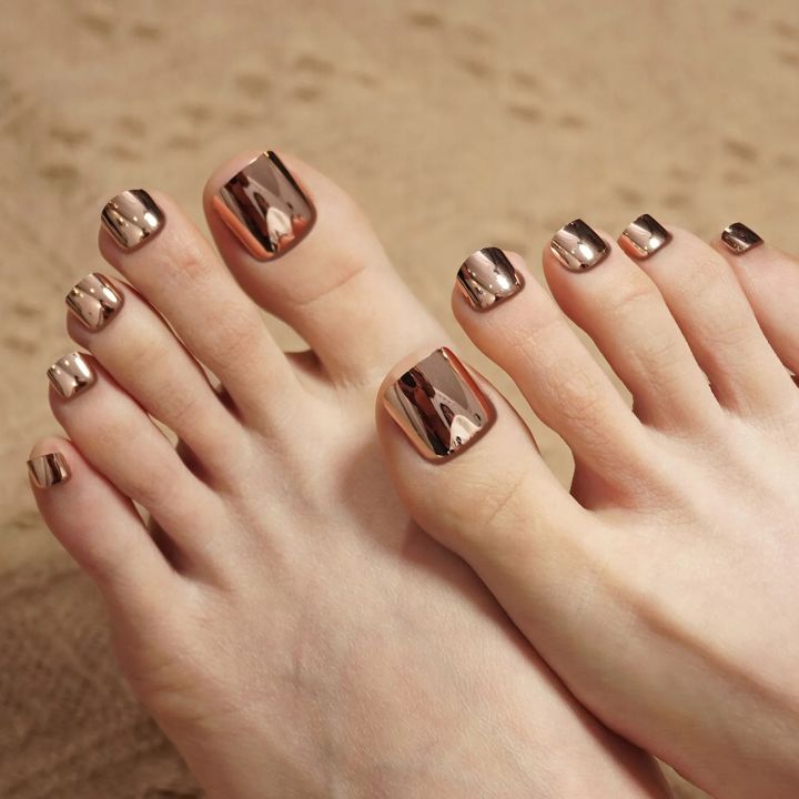 24pcs Rose Gold Solid Color Toe Nails Press On Reusable False Artificial Nails With Adhesive Short Feet Manicure Nail Tips