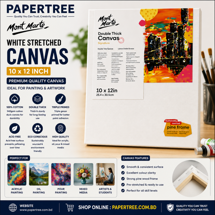 Mont Marte White Stretched Canvas 10×12 Inch for Painting & Artwork