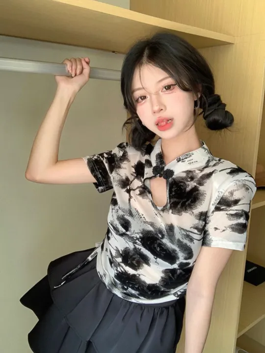 Chinese%20Style%20Buckle%20Shoulder%20Short%20Sleeve%20T%20T-shirt%20Women's%20Summer%20New%20Hot%20Girl%20Short%20Drawstring%20Lace%20Slimming%20Irregular%20Top%20-%20Image%202