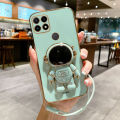 Maitus for Realme C21 Back Cover with Lanyard + Astronaut Folding Stand Bracket Fashion 6D Plating Square Frame Cases Soft Silicone Mobile Phone Case for Boys Girls. 