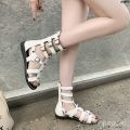 Flat Heel Cross Mid-Calf Fashion Sandals Hollow Women's Flat Summer New Lace-up European and American Roman Shoes Open Toe Sandal Boots ).