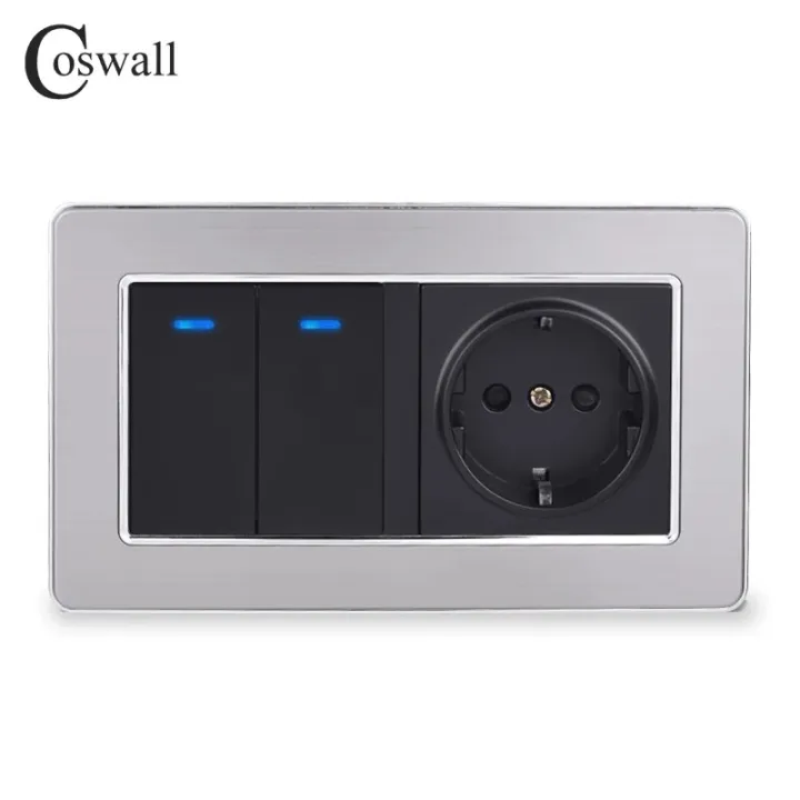 【YIYANGMAOYI111】Coswall EU Standard + 2 Gang 2 Way On / Off Pass Through Switch With LED Indicator Stainless Steel Frame