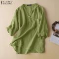 Women V Neck 3/4 Sleeve Solid Shirt 2023 Casual Loose Blouse - Cotton Blusas.