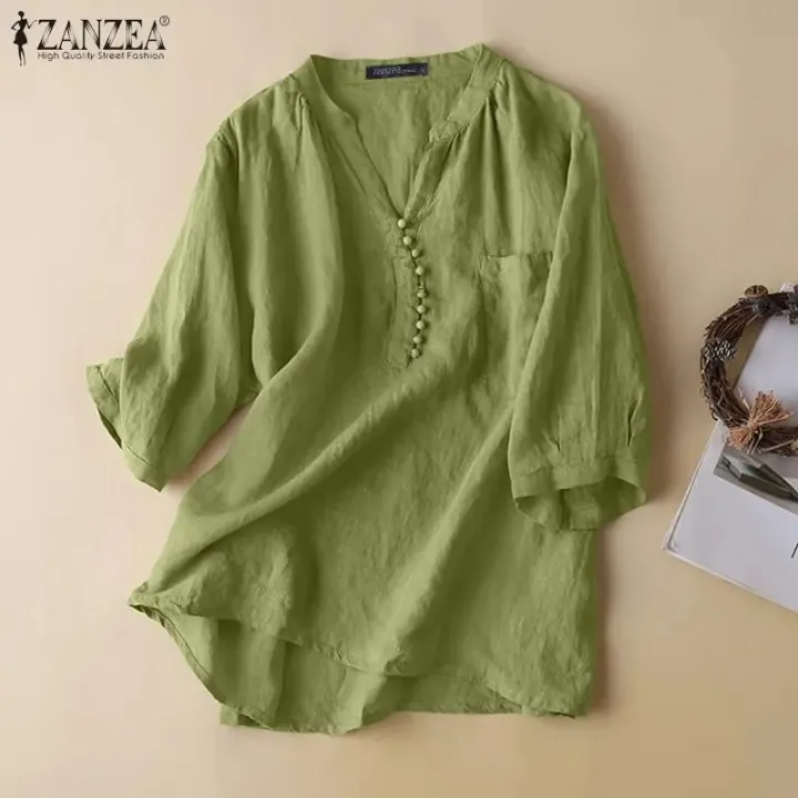 Women%20V%20Neck%203/4%20Sleeve%20Solid%20Shirt%202023%20Casual%20Loose%20Blouse%20-%20Cotton%20Blusas%20-%20Image%204