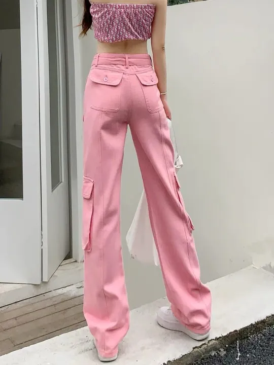 Pink%20Jeans%20Overalls%20Women's%20Summer%20Thin%20High%20Waist%20Slimming%20and%20Straight%20Loose%20Casual%20Wide%20Leg%20Mop%20Pantsins%20-%20Image%205