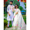 FoxHill Fashion Collection New Exclusive Designer Screen Print Saree And Dhupian Block Print Panjabi For Combo Couple Set (Saree & Panjabi) - Sari.