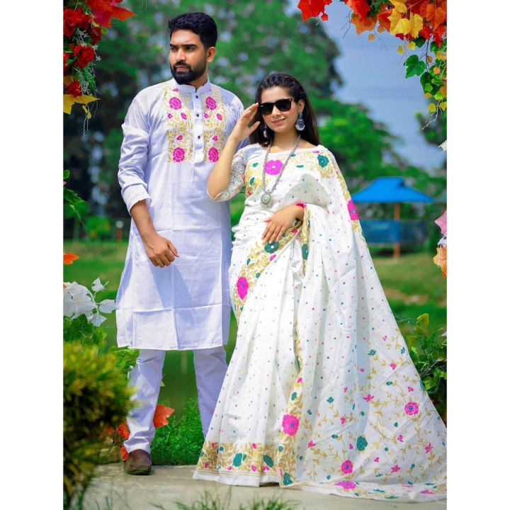 FoxHill Fashion Collection New Exclusive Designer Screen Print Saree And Dhupian Block Print Panjabi For Combo Couple Set (Saree & Panjabi) - Sari