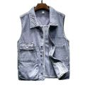 2023 Retro Denim Vest Men Sleeveless Cargo Jacket Harajuku Style Tooling Jean Jacket Cowboy Fashion Wasitcoat Men'S Clothing XXL. 
