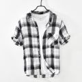 Summer and Spring New Men Retro Plaid Short Sleeve Linen Shirt Youth Thin Breathable Workwear Black Blue Top GD-2011.