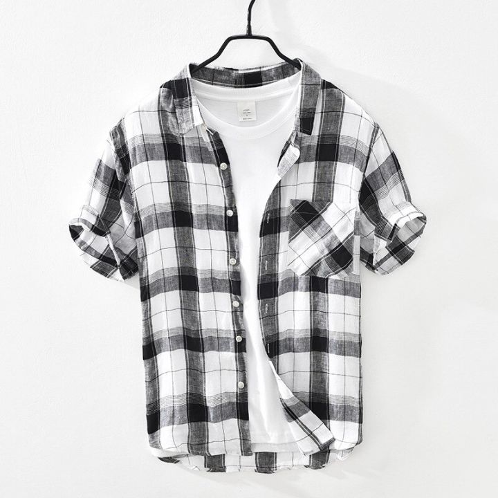 Summer%20and%20Spring%20New%20Men%20Retro%20Plaid%20Short%20Sleeve%20Linen%20Shirt%20Youth%20Thin%20Breathable%20Workwear%20Black%20Blue%20Top%20GD-2011%20-%20Image%202