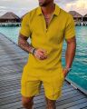 Men's Polo Suit Fashion Men Sets Mesh Printed Streetwear V-neck Short Sleeve POLO Shirt Shorts Two Pieces Men Casual Suit.