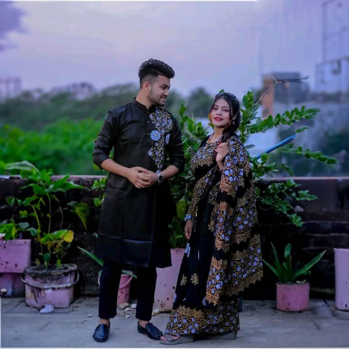 New Stylish & Exclusive Saree Panjabi Combo Couple Set - This meticulously curated ensemble presents matching dresses for both men and women