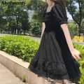 Japanese Harajuku Summer Women Black Mini Dress Square Collar High Waist Puff Sleeve Dress Gothic Lace Ruffles Cosplay Dresses. 