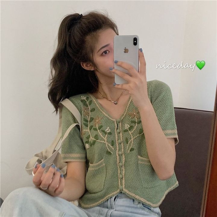 V Collar Sweater Women's Top Summer 2023 New Korean Style Internet Celebrity Style Short Chic Niche Bottoming Shirt