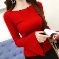 Super Fairy Bell Sleeve Top for Women Spring and Autumn New Versatile Long Sleeves Elastic Wooden Ear off-Neck Knitted Bottoming Shirt Trendy.