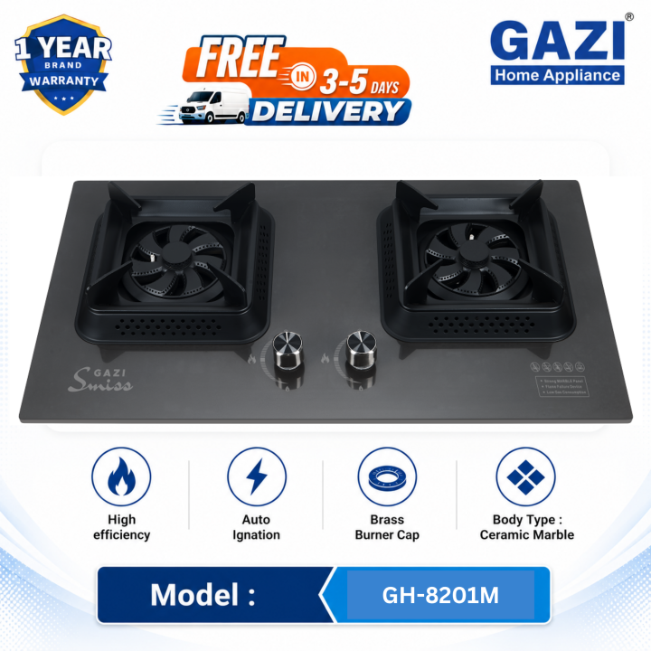 Gazi Smiss GH-8201M Double-Burner Gas Stove – Energy Saving, Marvel Top, Auto Ignition, Brass Burner Cap, Blue Flame, LPG & Natural Gas Compatible.