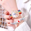 Ladies Watch Rainbow Canvas Strap Quartz Kids Wristwatch With Sports Bracelet Set. 