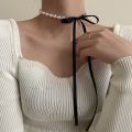 Elegant Black Ribbon Bow Choker Imitation Pearls Beads Charm Necklace Personality Gothic Wedding Jewelry Gifts. 