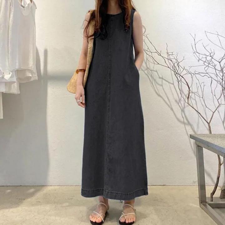Femme%20Fashion%20Casual%20Loose%20Long%20Maxi%20Sundress%20Pleated%20Denim%20Vestido%20Sleeveless%20Robe%20Women%20Summer%20A%20Line%20Dress%20Overszie%20-%20Image%202