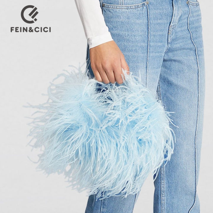 Pearl bead bag with Ostrich feather fur designer brand Clear Acrylic crystal stone box tote handbag women handmade party purse